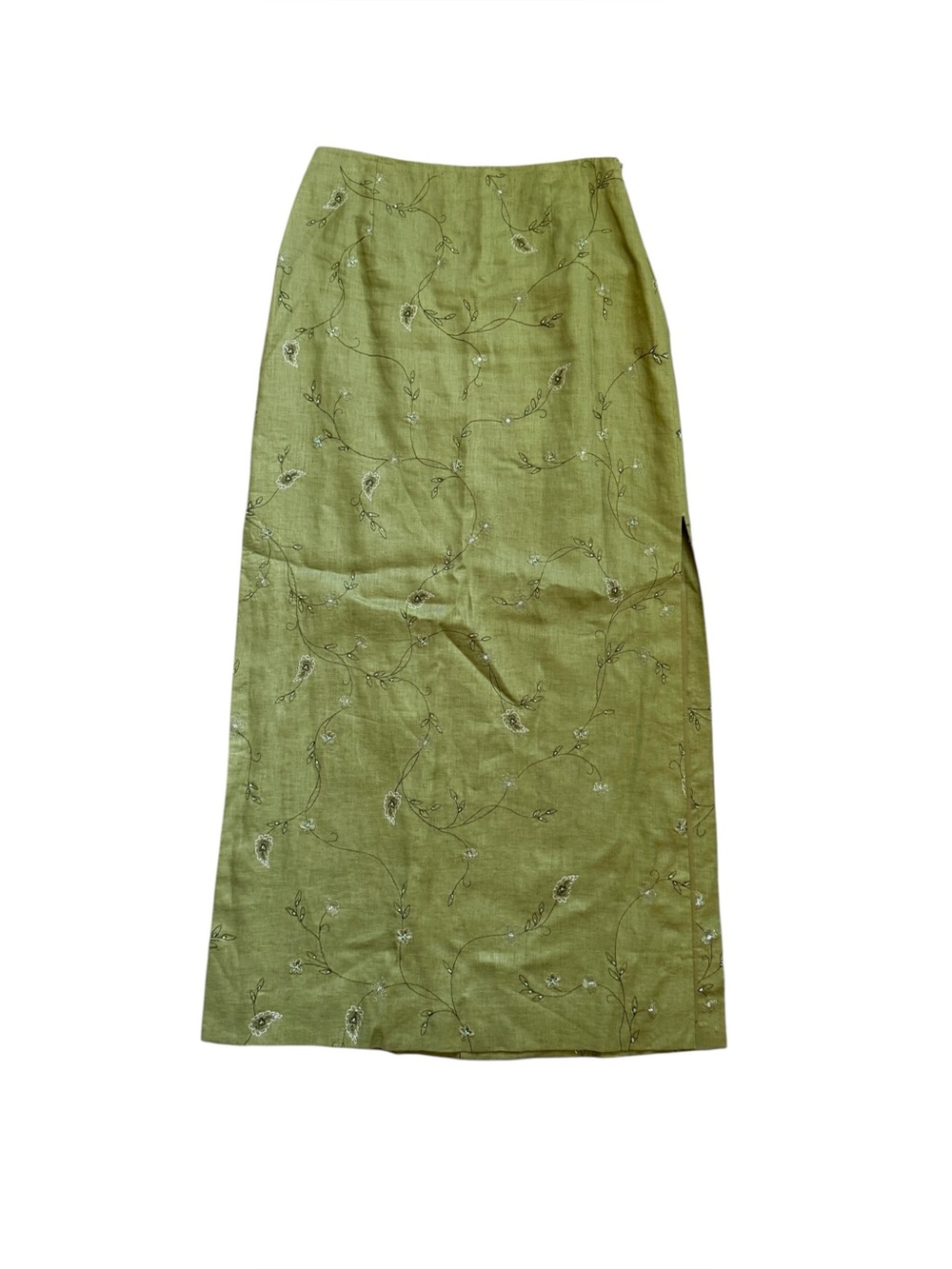 Vintage Ann Taylor Olive Green Linen Beaded Midi Skirt Size 2